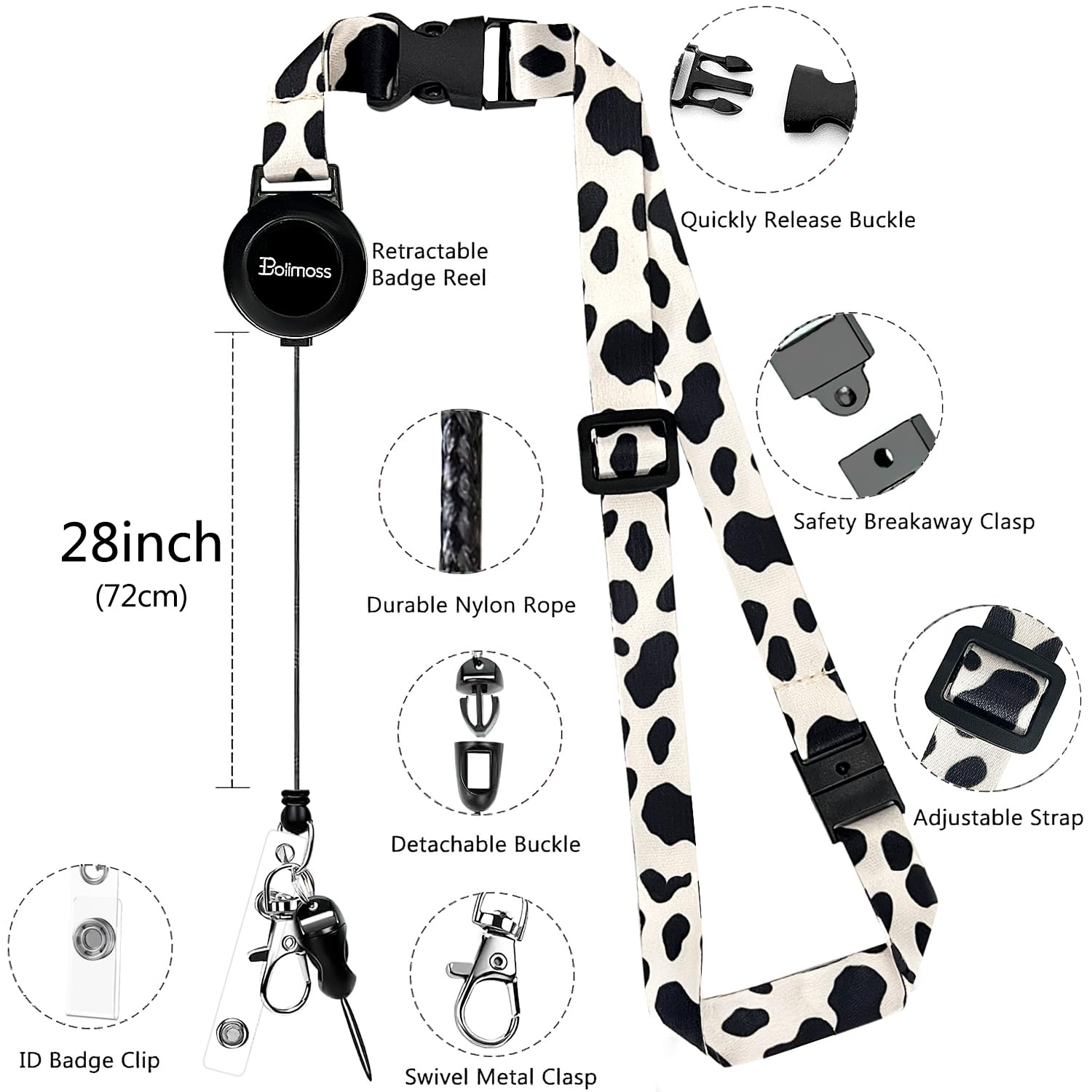 bolimoss Cow Print Lanyards for ID Badges Holder Leather ID Name Badge Card Holder with Adjustable Retractable Lanyard,Quick Release Buckle & Safety Breakaway Lanyards with Swivel Metal Clasp - Image 4