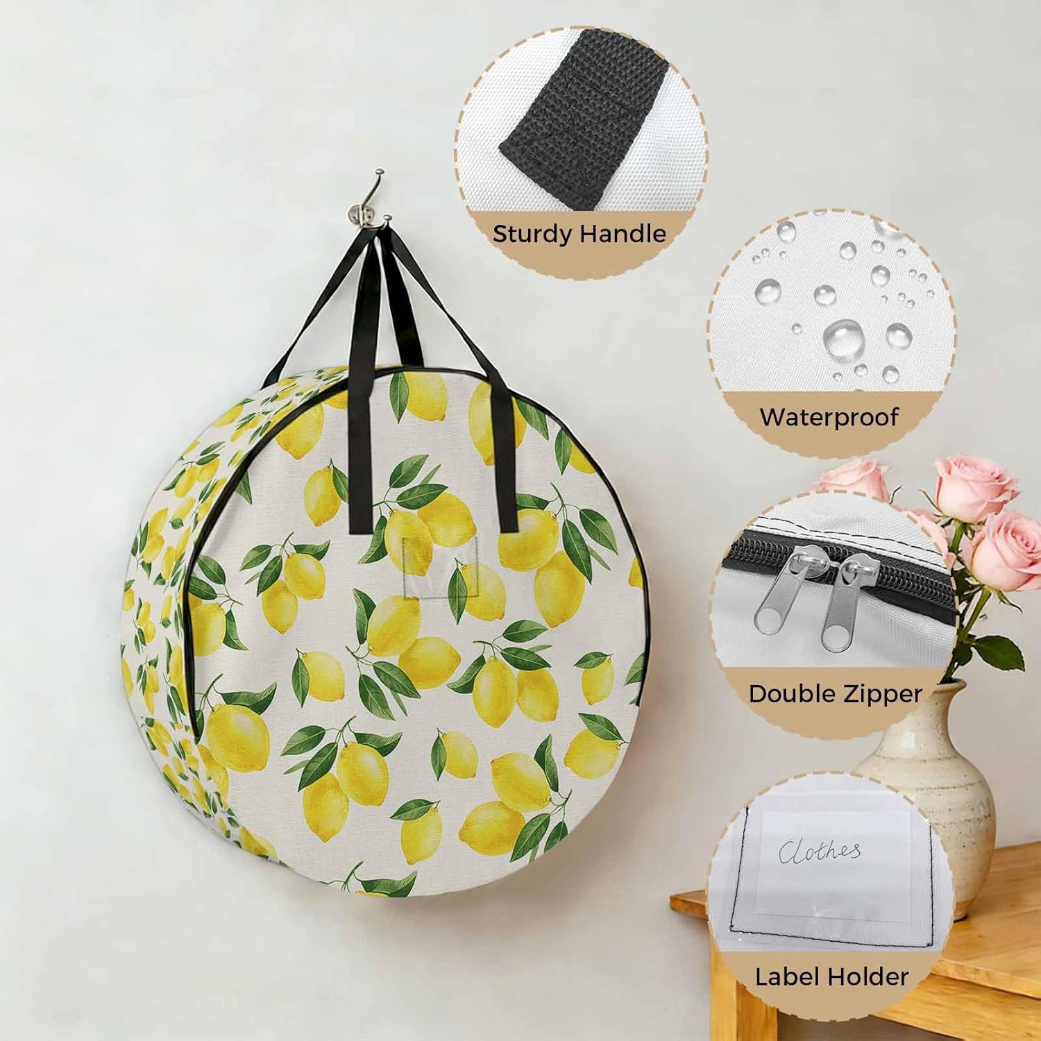 Storage Bag Yellow Lemon Round Storage Totes Bins Closet Organizers with Zippers & Handle Summer Fruit Linen Clothes Storage Container for Bedroom Dorm Space Saving Packing Supplies Moving Bags