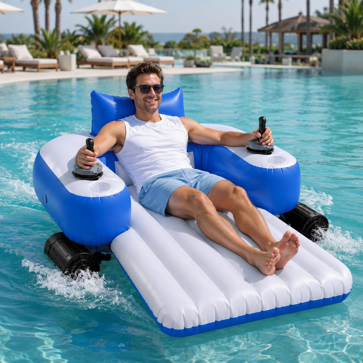 Tumbona Hinchable, Flotador Motorizado Hinchable para Piscina para Adultos, Tumbona Eléctrica de Piscina con Control Joystick 360°, Portavasos para Fiestas en la Piscina B