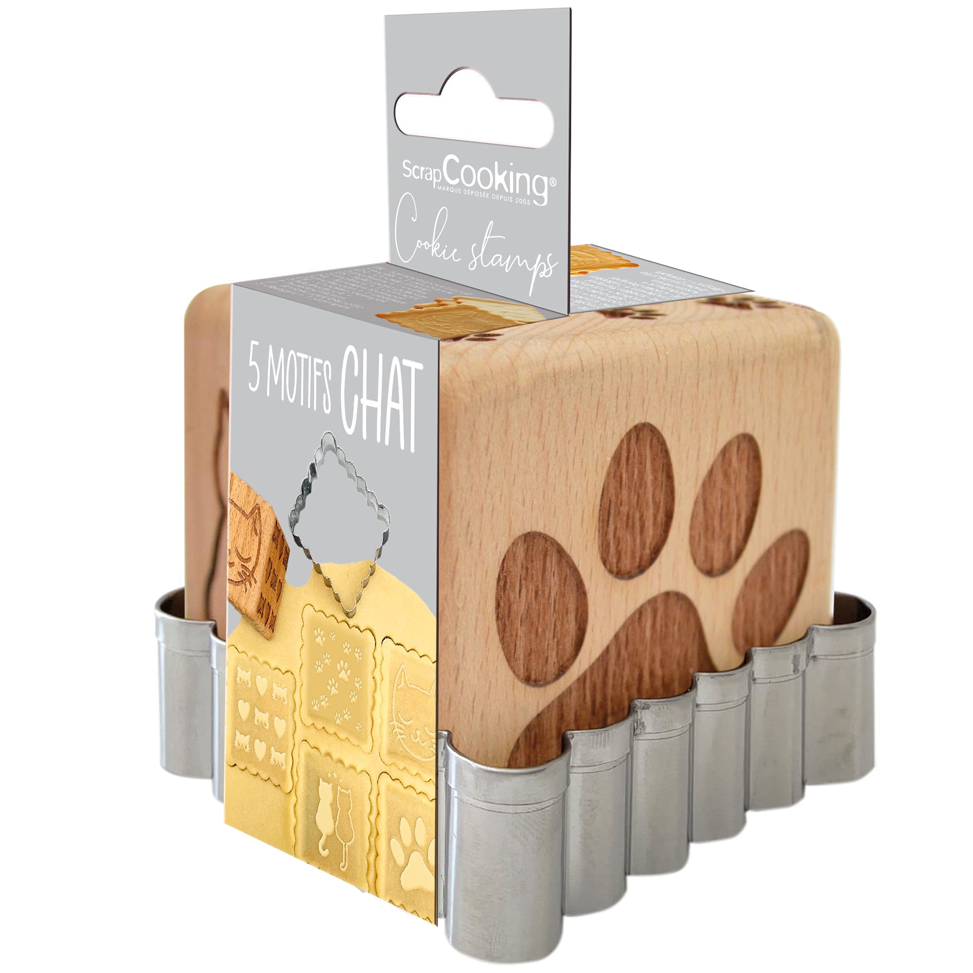 ScrapCooking 5124 Wooden Pastry Stamp with Cat Motif with 1 Cookie Cutter and Cube Decoration with 5 Embossed Sides