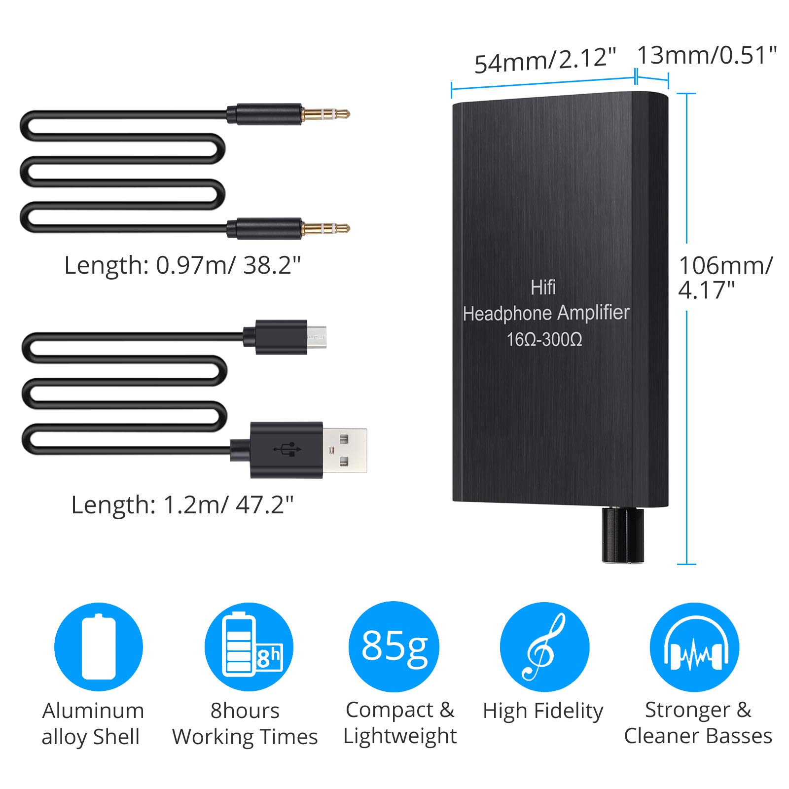 eSynic Amplificatore per cuffie HiFi Amplificatore portatile 3,5 mm Audio Ricaricabile Amplificatore auricolare 16-300Ω Impedenza con interruttore di guadagno e batteria al litio per MP3 MP4 Telefoni