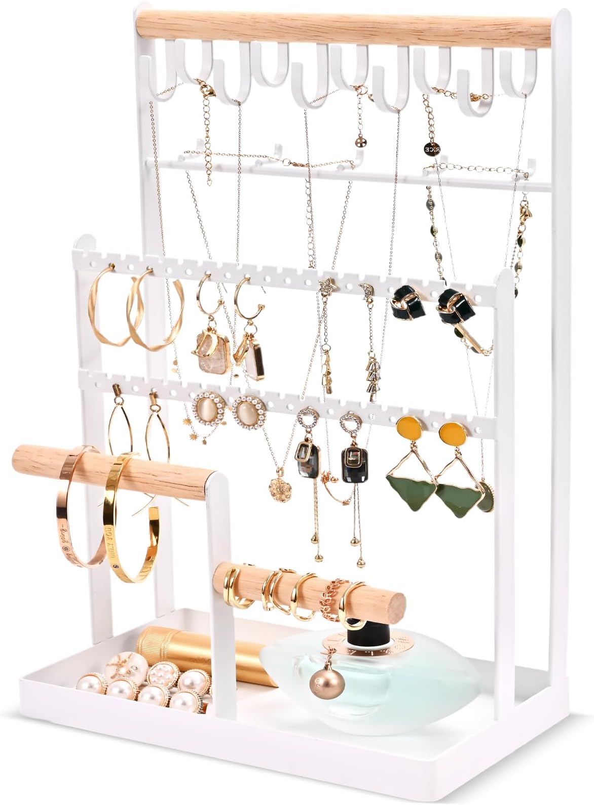 Lolalet Jewelry Stand, 6 Tier Jewelry Rack Necklace Holder Organizer with 15 Hooks and Bottom Tray, Jewelry Tower Display Storage Tree for Bracelets Earrings Rings - White