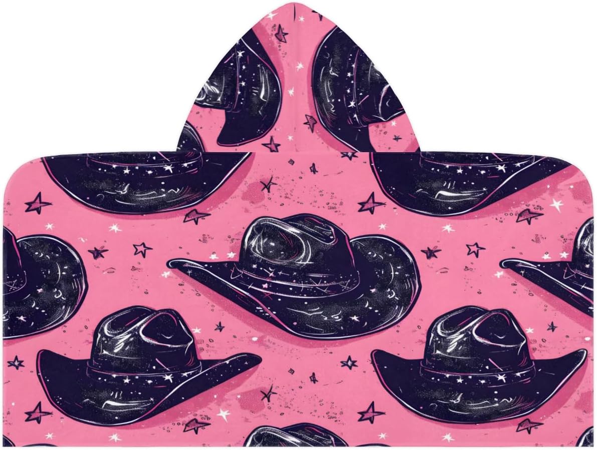 Kids Hooded Bath Towel for Boys Girls, Cowboy Hats Watercolor Black with Stars Cotton Hooded Beach Towel Wearable Wrap Poncho for Toddler Swimming Pool