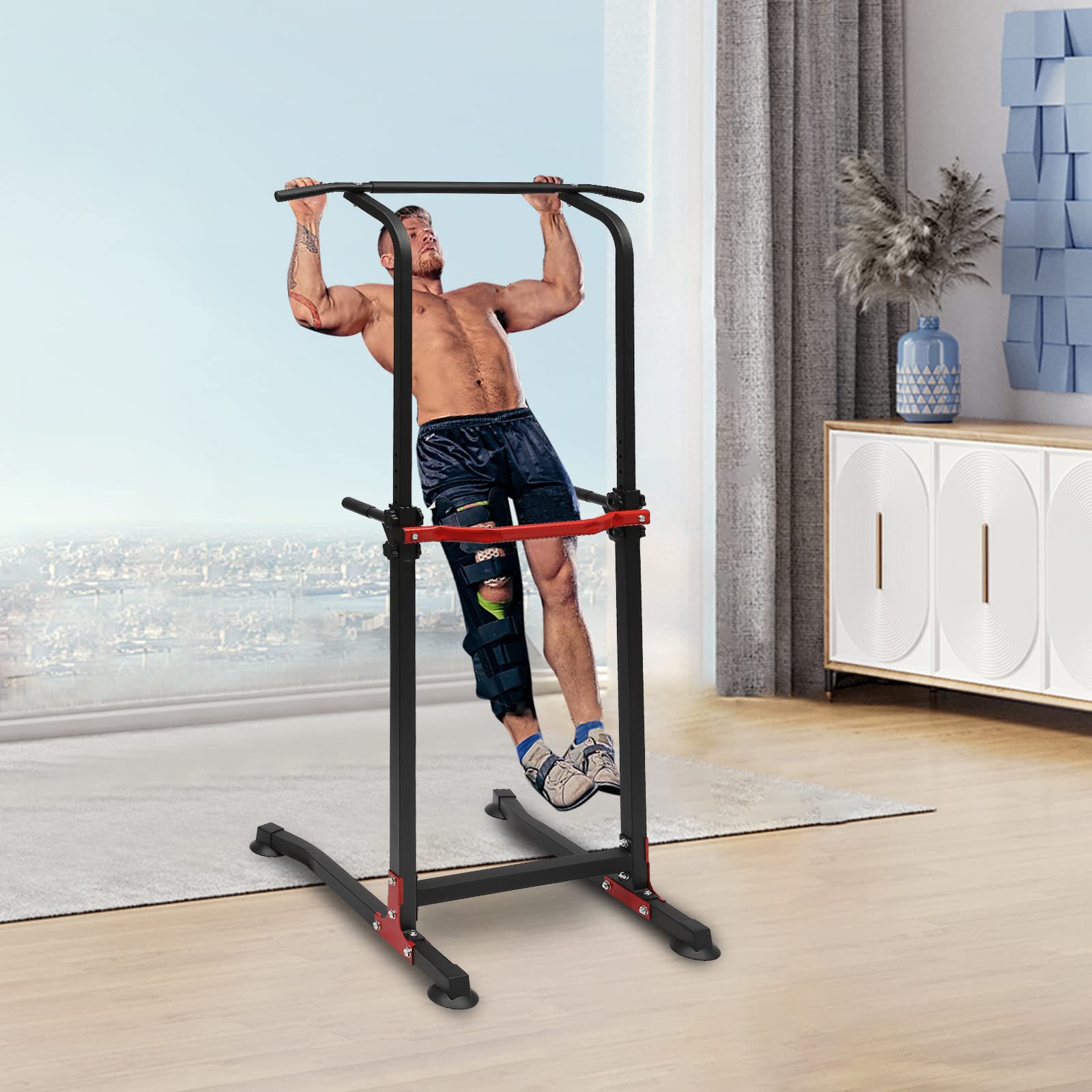 Stacja do podciągania Power Tower Dip Station regulowana, wielofunkcyjna stacja treningowa do domu z pull-up, push-up i podnoszenie nóg, obciążenie 150 kg, urządzenie fitness, kolor czarny, do