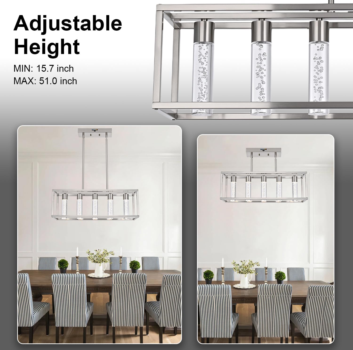 MELUCEE 5 Lights Chandeliers for Dining Room with Crystal Bubble, 25W 5 Color Dining Room Light Fixture Brushed Nickel, LED Island Lights for Kitchen Island Billiard Room, 3000-6000K Adjustable