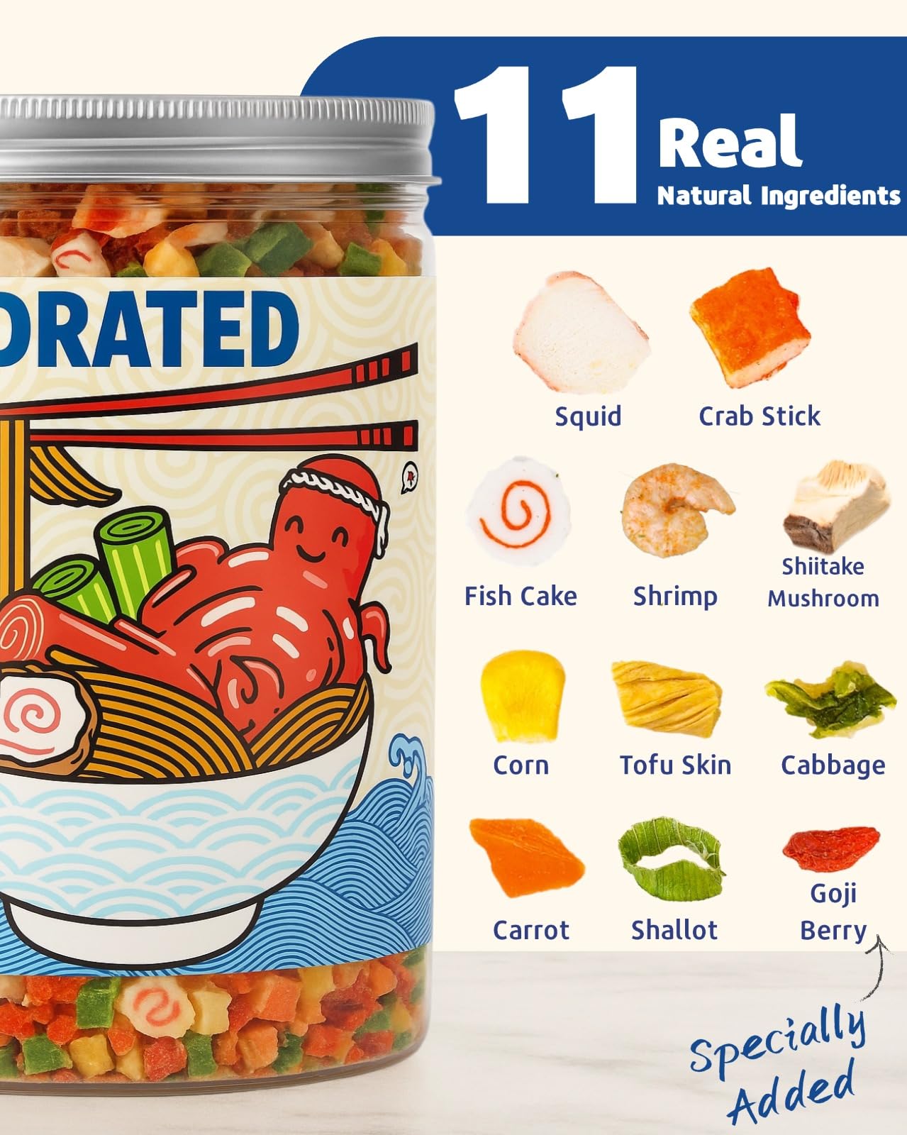 Dried Ramen Toppings 11 Mix Seafood & Veggies - Real Squid, Shrimp, Fish Cake & Goji Berry, Low Fat, No Added MSG, 12.35 oz Resealable Jar for Instant Ramen, Soups, Rice