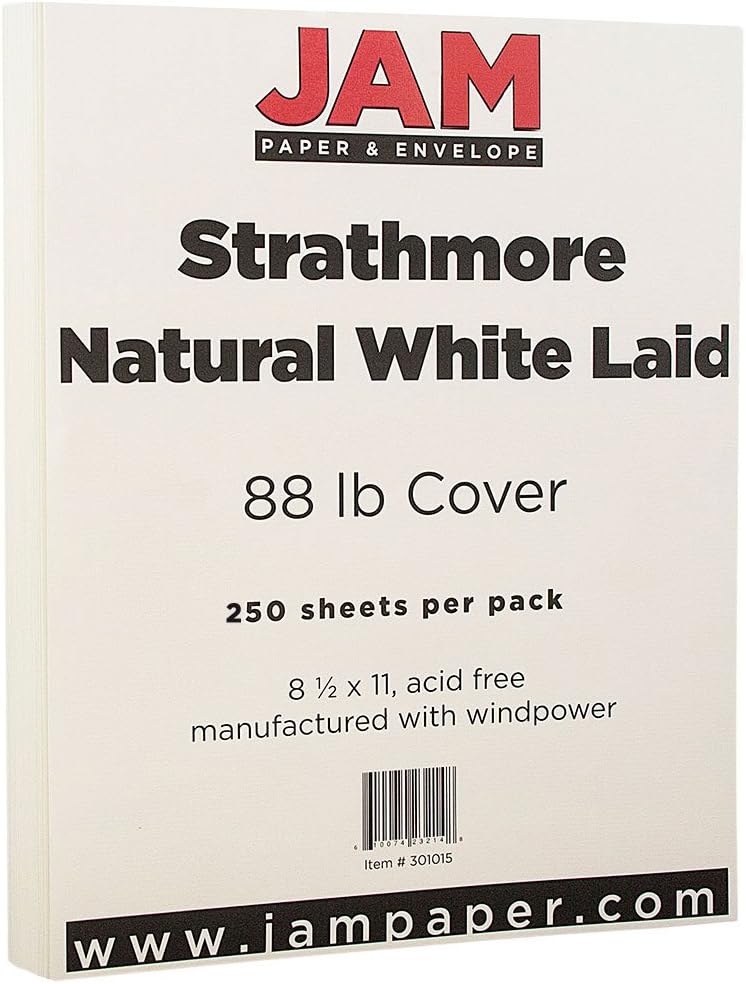 JAM PAPER Strathmore 88lb Cardstock - 8.5 x 11 Coverstock - 237 gsm - Natural White Laid - 25% cotton - 250 Sheets/Ream