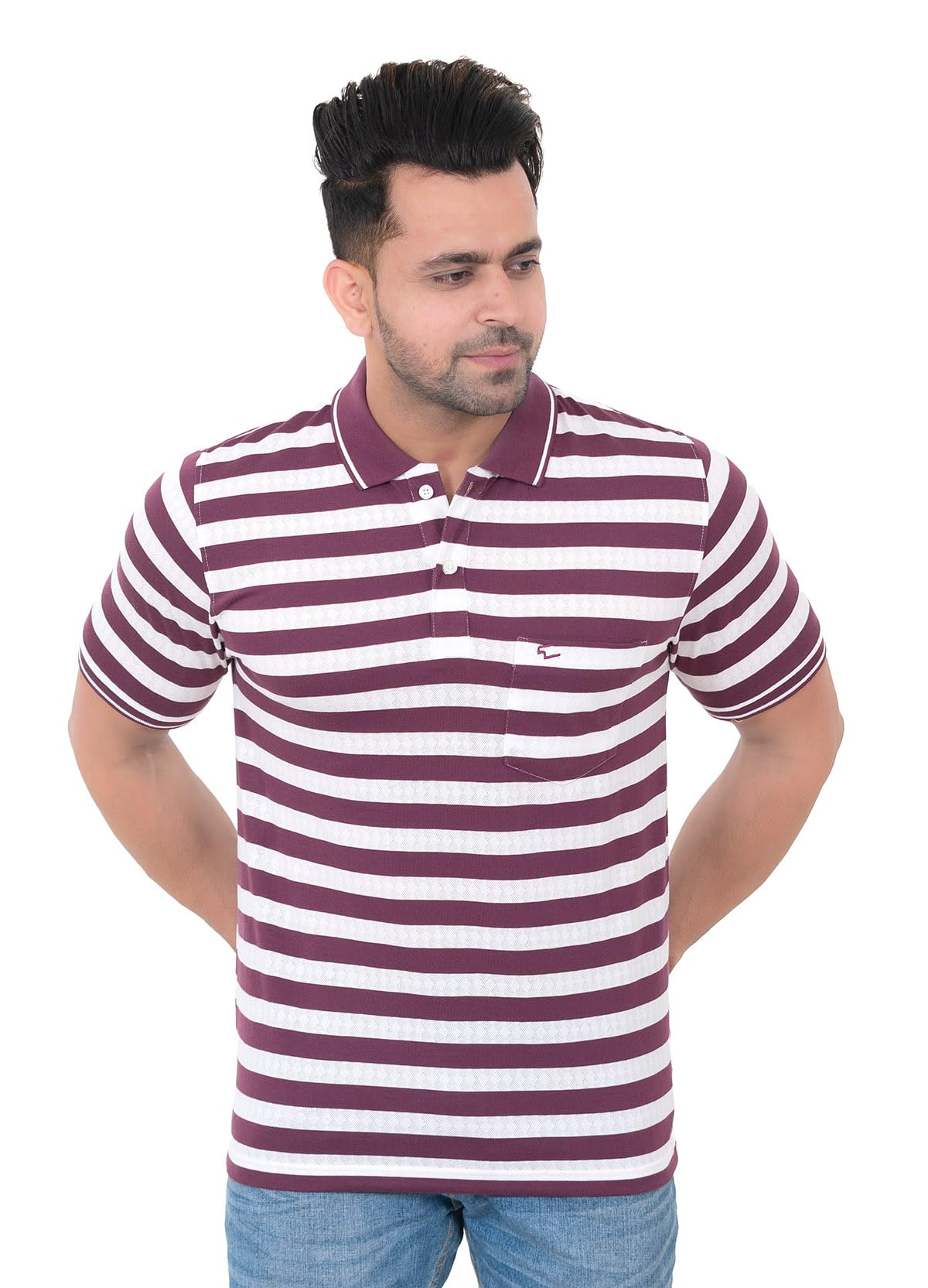 EMBRO Casual Wear Breathable and Comfortable Mash Knit Polycotton Regular Fit Chest Pocket Striped Polo T-Shirt for Men's