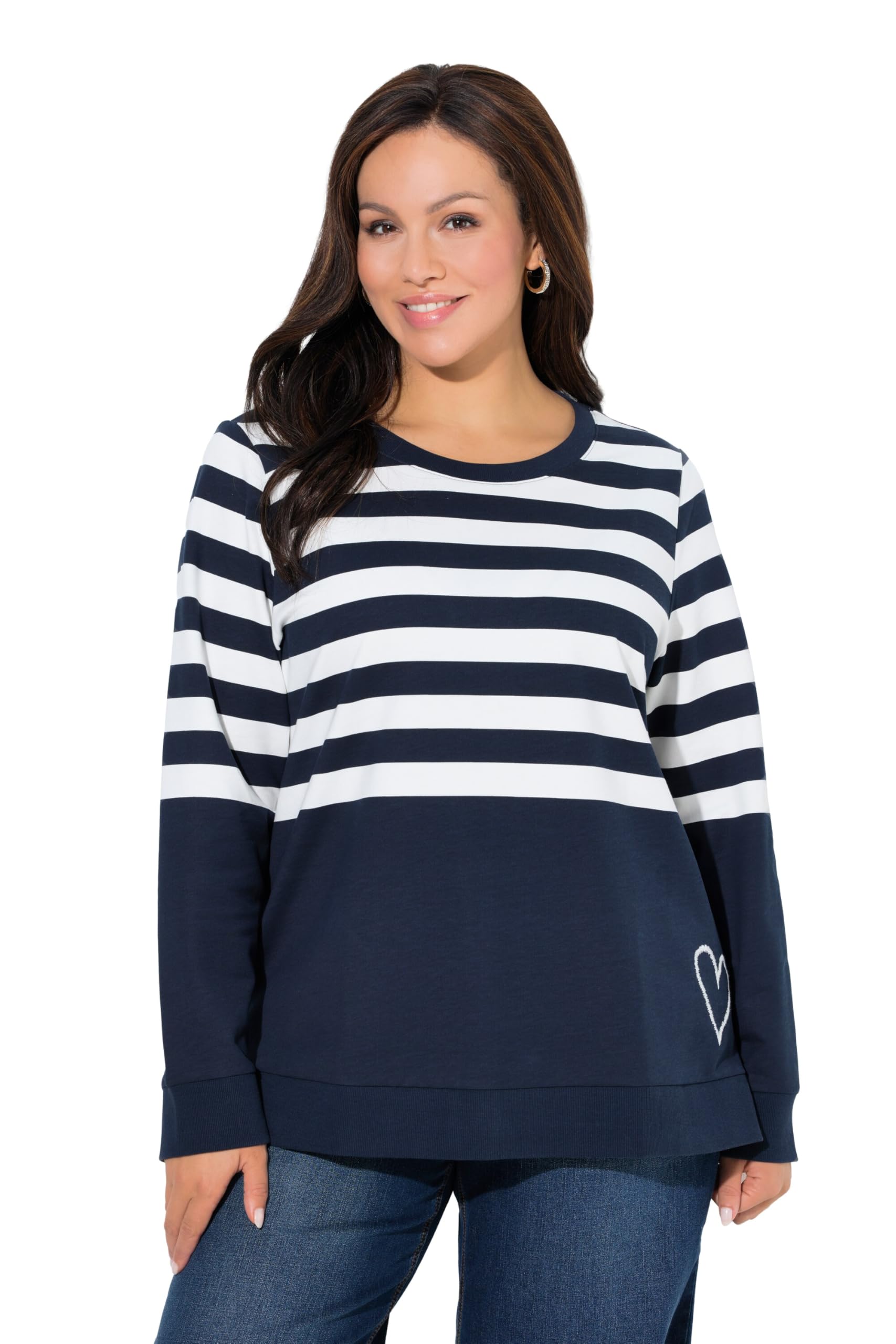 Ulla Popken Damen große Größen Übergrößen Plus Size Sweatshirt, Ringel, Herzstickerei, Rundhals, Langarm 841186