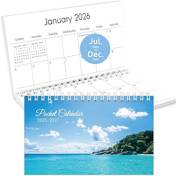 Pocket Calendar 2025-2027, Beach 2025-2027 Monthly Planner -3.7" x 6.7" for Purse, Runs from July 2025 Until December 2027, Monthly Planner Pocket Size with Coil Organizing & Planning