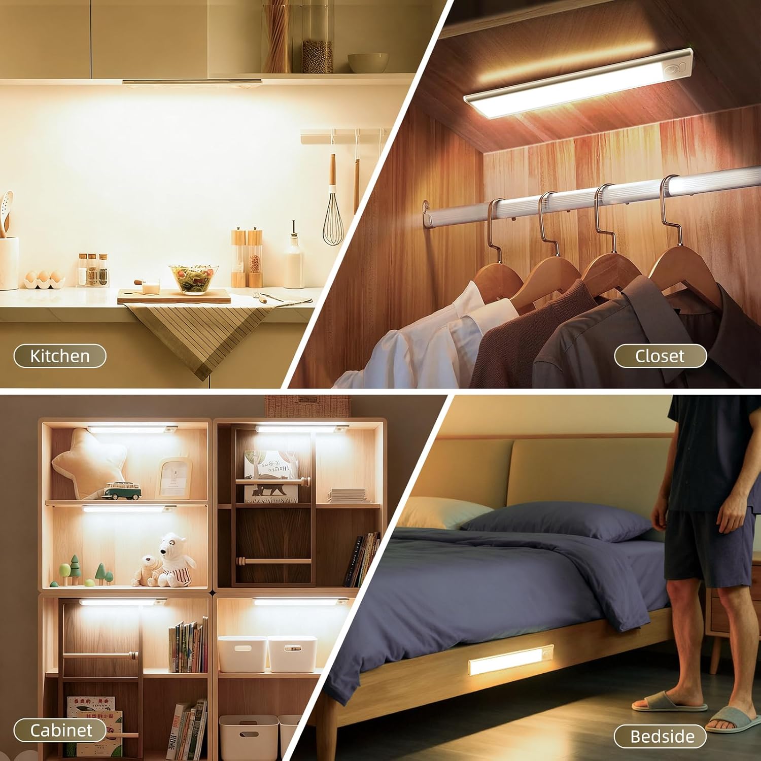 12inch Under Cabinet Lighting, 4 Pack Rechargeable Motion Sensor Light Indoor, Wireless Dimmable Magnetic Closet Lights, 50 LED Under Counter Lights for Kitchen, Wardrobe, Stairs, Warm Light