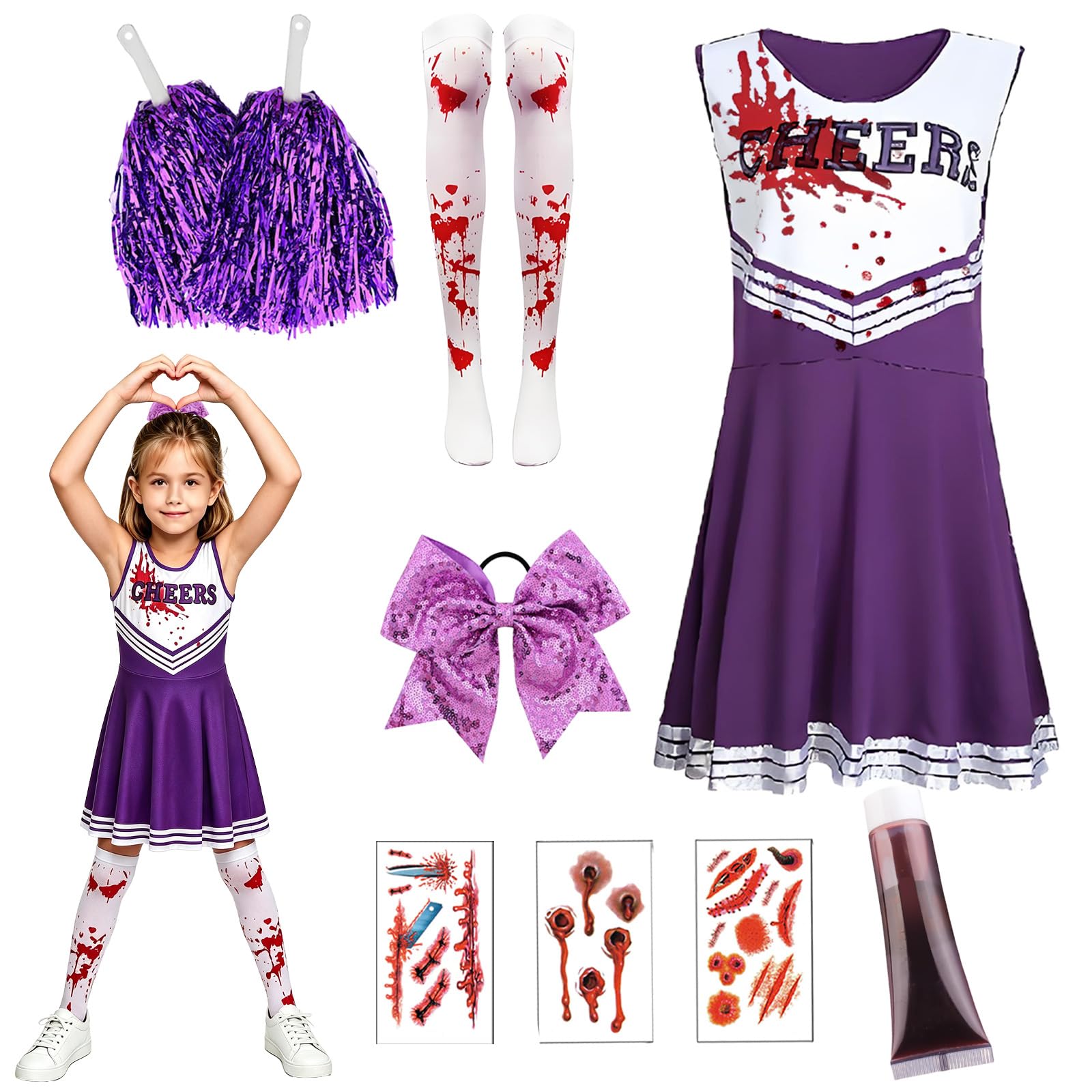 10 Pcs Zombie Costume Cheerleader Outfit Kit, with Fake Blood,Fake Tattoos