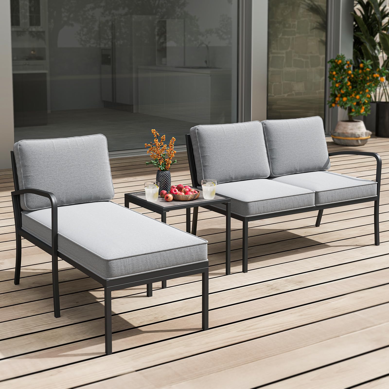 COSTWAY Set Divano da Giardino a 3 Posti, Divano Modulare a L con Tavolino (Grigio)