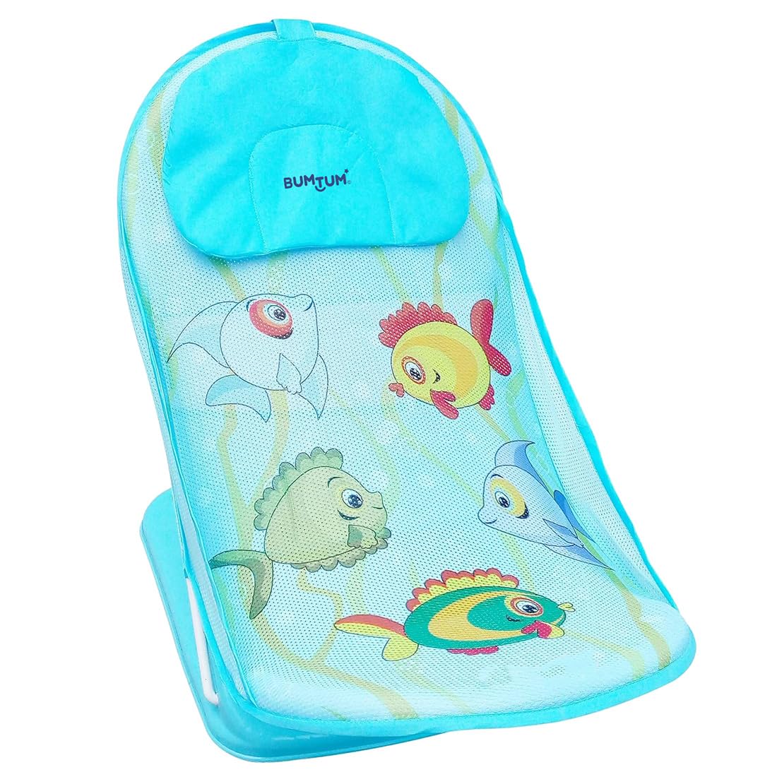BUMTUM Baby Bather for Babies 0-12 Months | Anti-Slip Bathing Chair | 3-Position Adjustable, Foldable & Compact, Washable Soft Mesh, Large Seat & Foot Rest(Aqua Print)