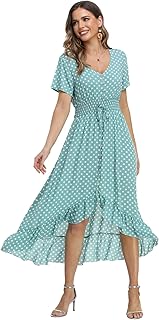 Women's Polka Dots Short Sleeve V Neck Dresses Vintage Boho Maxi Summer Dress with Stretchy Waist - Buy now