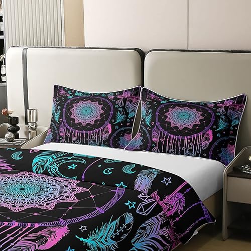 Miniatura 4 de Funda de edredón de 100 % algodón para niñas, tamaño Queen, funda de edredón de plumas bohemias, color morado, verde azulado, juego de ropa de cama