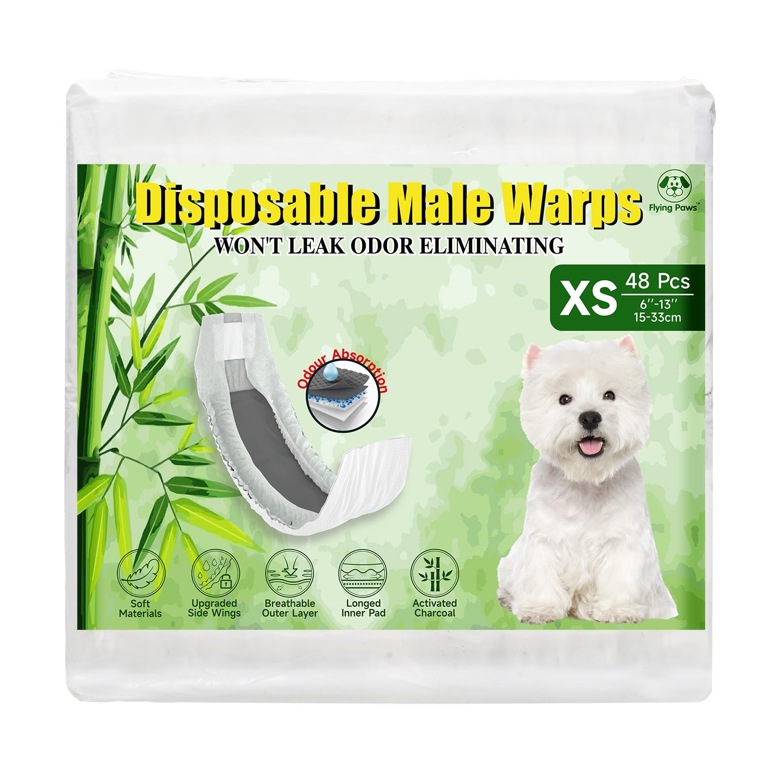 Flying Paws Pannolini per cani maschi, XS-24 usa e getta con carbone attivo, neutralizzazione degli odori, pannolini morbidi e traspiranti, pantaloni per incontinenza per cuccioli XS-24 Count