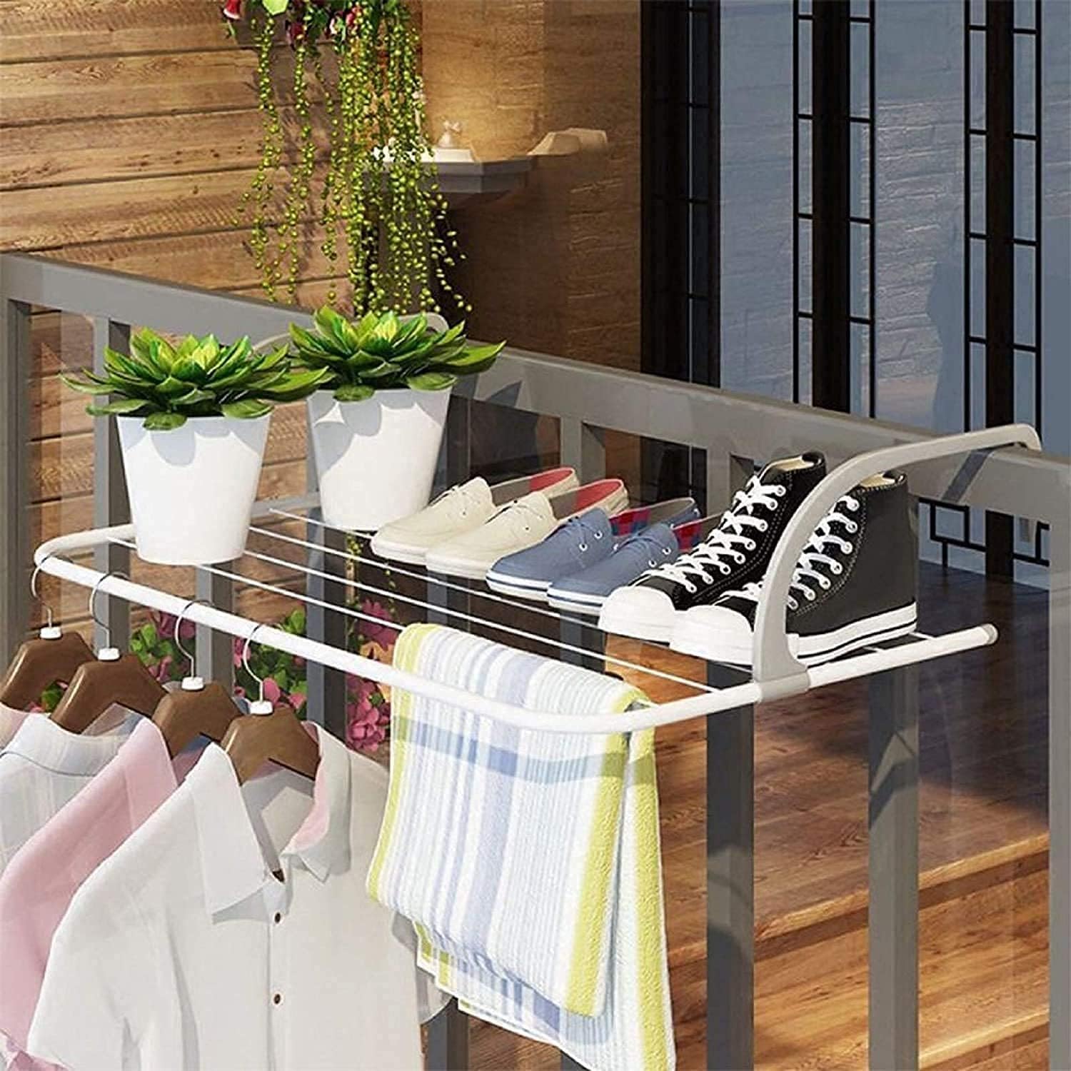 1PC Foldable Balcony Cloth Drying Rack Stand, Hanging Laundry Drying Rack for Balcony Railing, Space Saving Clothes Dryer for Towels, Socks & Garments, Indoor Outdoor Portable Steel Drying Stand-picture-10