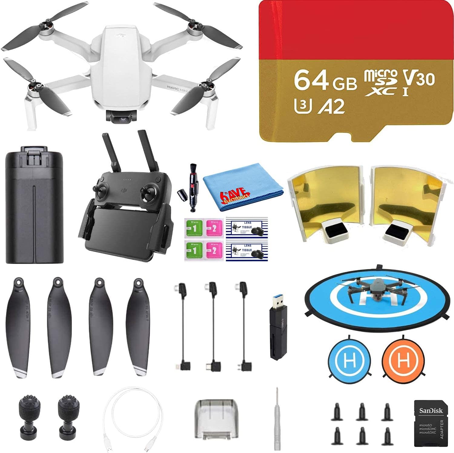 DJI Mavic Mini Drone Quadcopter with 2.7K Camera, 3-Axis Gimbal, GPS, 30 Minutes Flight Time, 64GB Micro SD, Landing Pad (CP.MA.00000120.01)