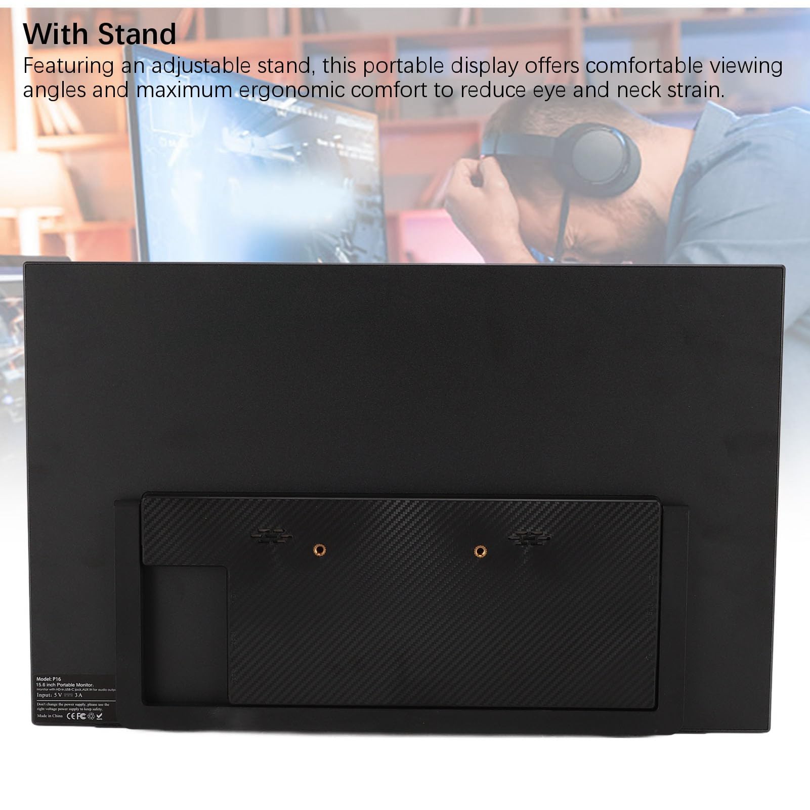 Przenośny Wyświetlacz 15,6 Cala, Ekran IPS Full HD 1080P, Wyjątkowo Cienki, Lekki, Wiele Możliwości Podłączenia, Regulowana Podstawa, do Laptopów, Konsol, Prezentacji