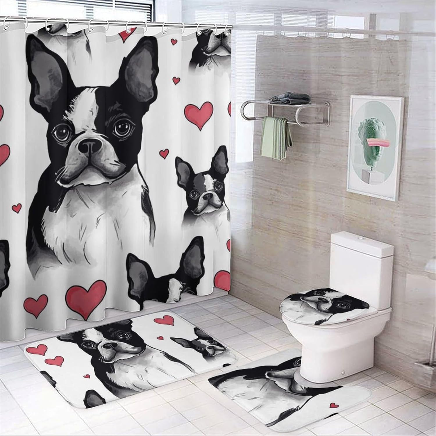 Boston Terrier Dog Shower Curtain Set 4 Piece, Non-Slip Bath Mat with Toilet Lid Cover and Waterproof Shower Curtain with 12 Hooks, Complete Bathroom Set for Home Decor