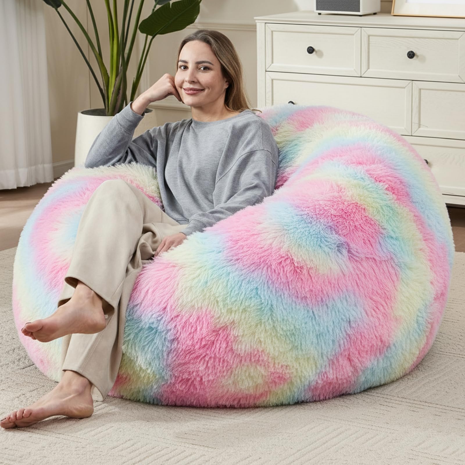 Soft Colorful Bean Bag Chairs Cover for Adults Teens Kids, Comfy Plush Fabric Gaming Bean Bag Chairs with Anti-Slip Bottom Handle Side Pocket, Stuffed