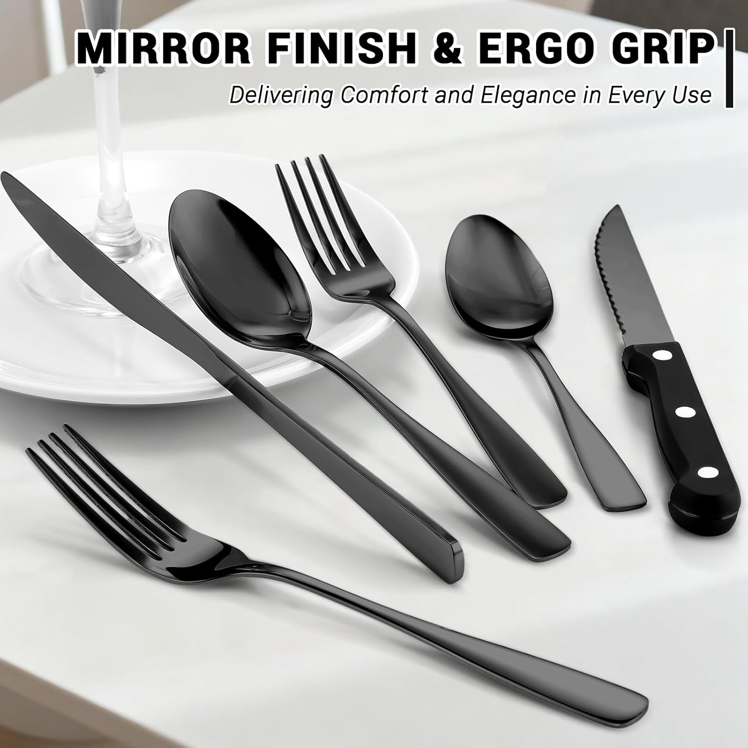 BEWOS 24-Pieces Black Silverware Set for 4 - Stainless Steel Flatware Set with Mirror Polish, Silverware Set Including Steak Knives, Forks and Spoons, Dishwasher Safe for Restaurant and Home