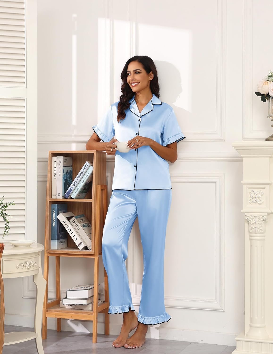 Ekouaer Silk Pajamas for Women Satin Short Sleeve Pajamas Set with Ruffle 2 Pieces Button Down Tops and Pants - Image 4