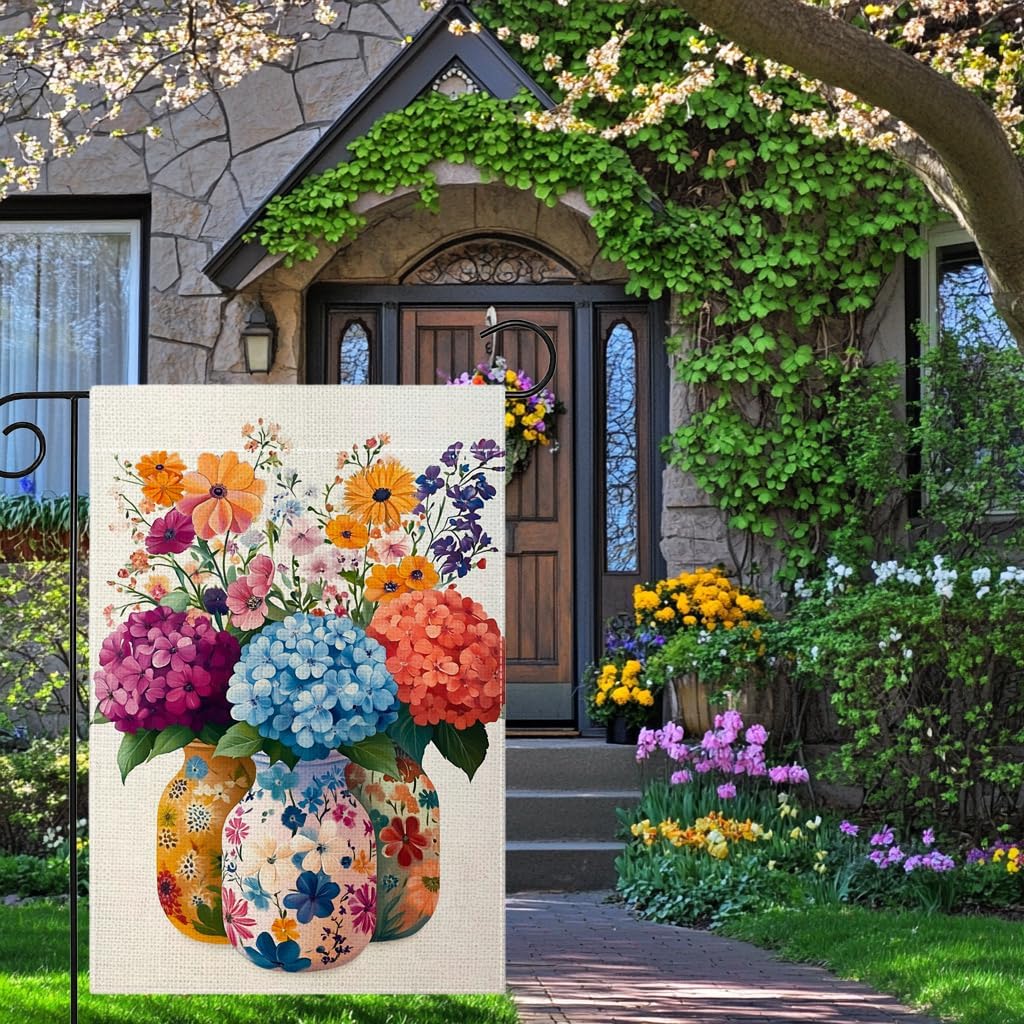 Spring Summer Colorful Floral Mason Jar Garden Flag 12x18 Inch Double Sided Hydrangea Flower Yard Outdoor Flag House Holiday Outside Decoration - Image 2