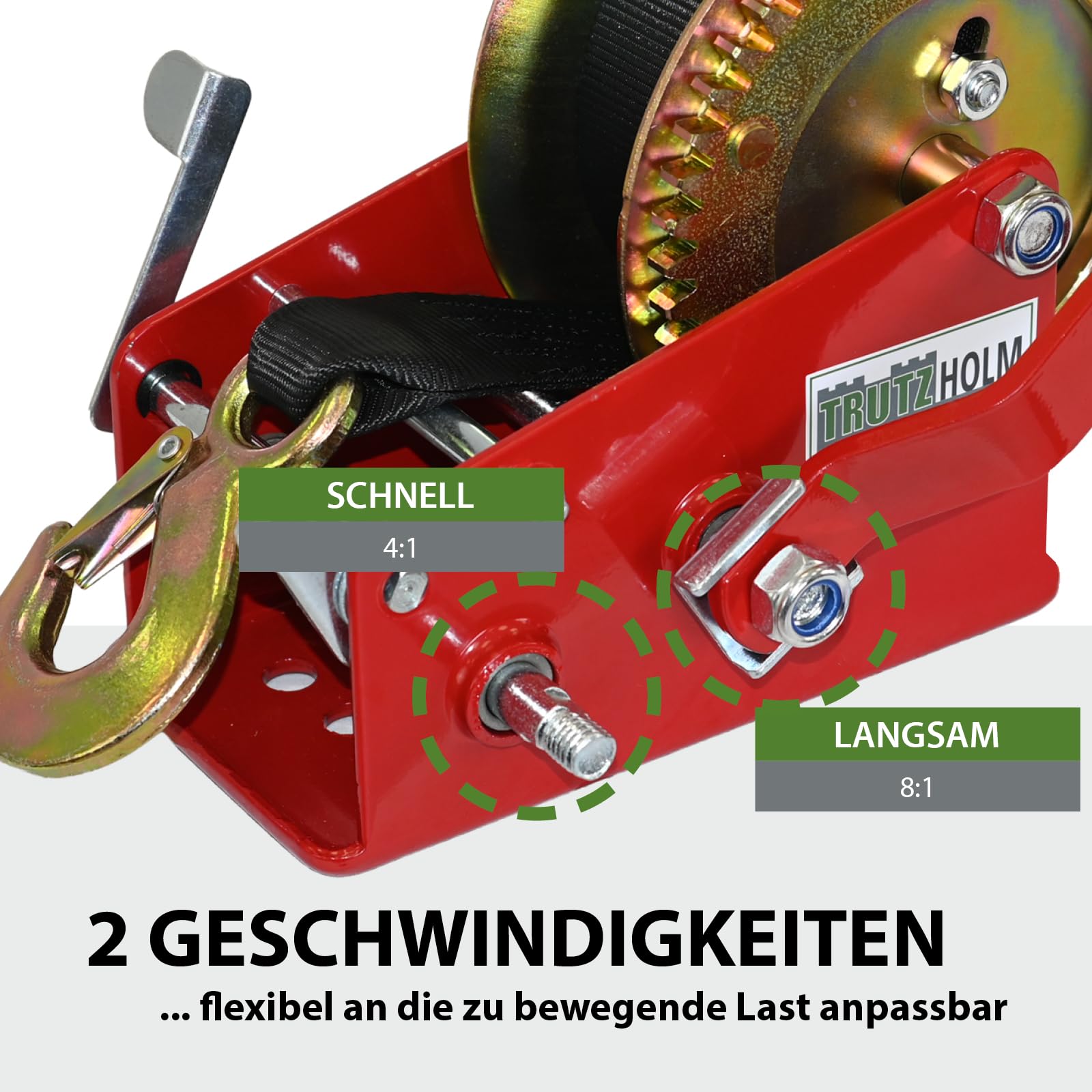 TRUTZHOLM Gurtwinde Zugkraft 1600 kg 3500 lbs Polyestergurt Gurtlänge 10 m Gurtbreite 5 cm Lasthaken mit Sicherheitsbügel Rücklaufsperre 23 cm Handkurbel ergonomisch Bootswinde Handwinde