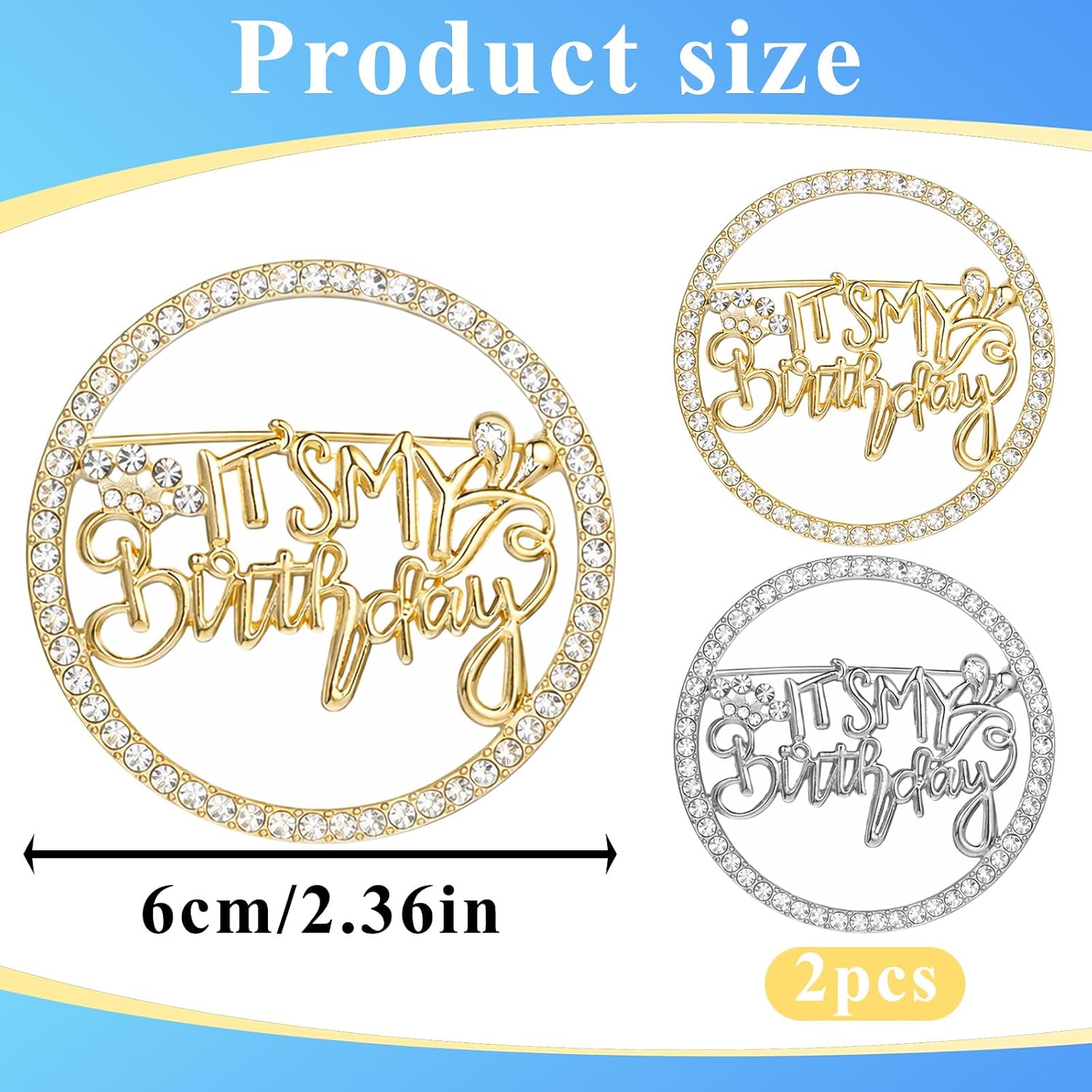 2PCS Birthday Brooch Pins for Women, It's My Birthday Pins Rhinestone Crown Brooch, Metal Pin for Birthdays Party Celebrations, Gold Silver Birthdays Accessories