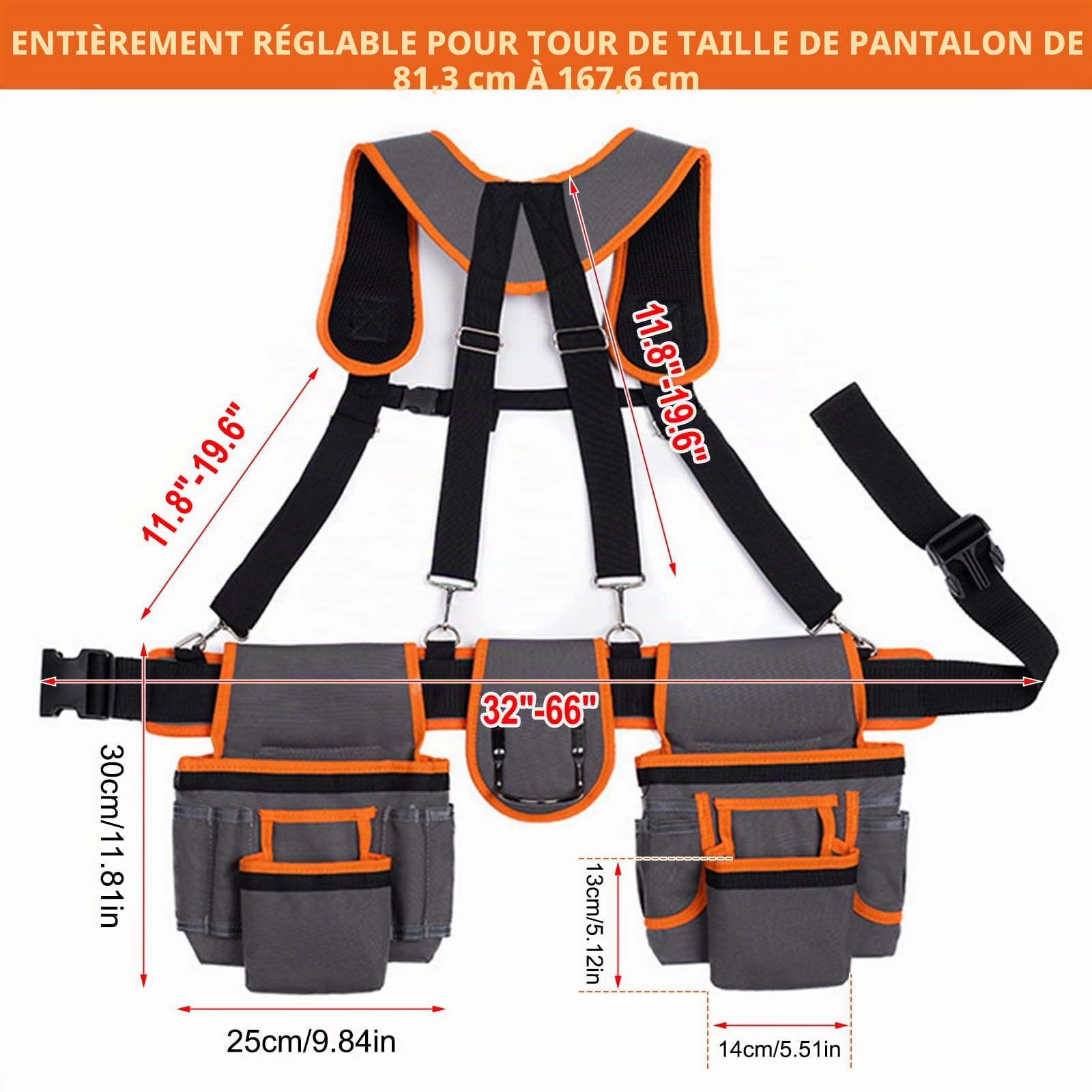 Ceinture à outils Sacoche à Ceinture Avec 26 poches, sacoches à outils Magnétiques pour Hommes, Sacoches à ceinture Amovibles Sacoche à outils pour Artisans (26 poches + bretelles)