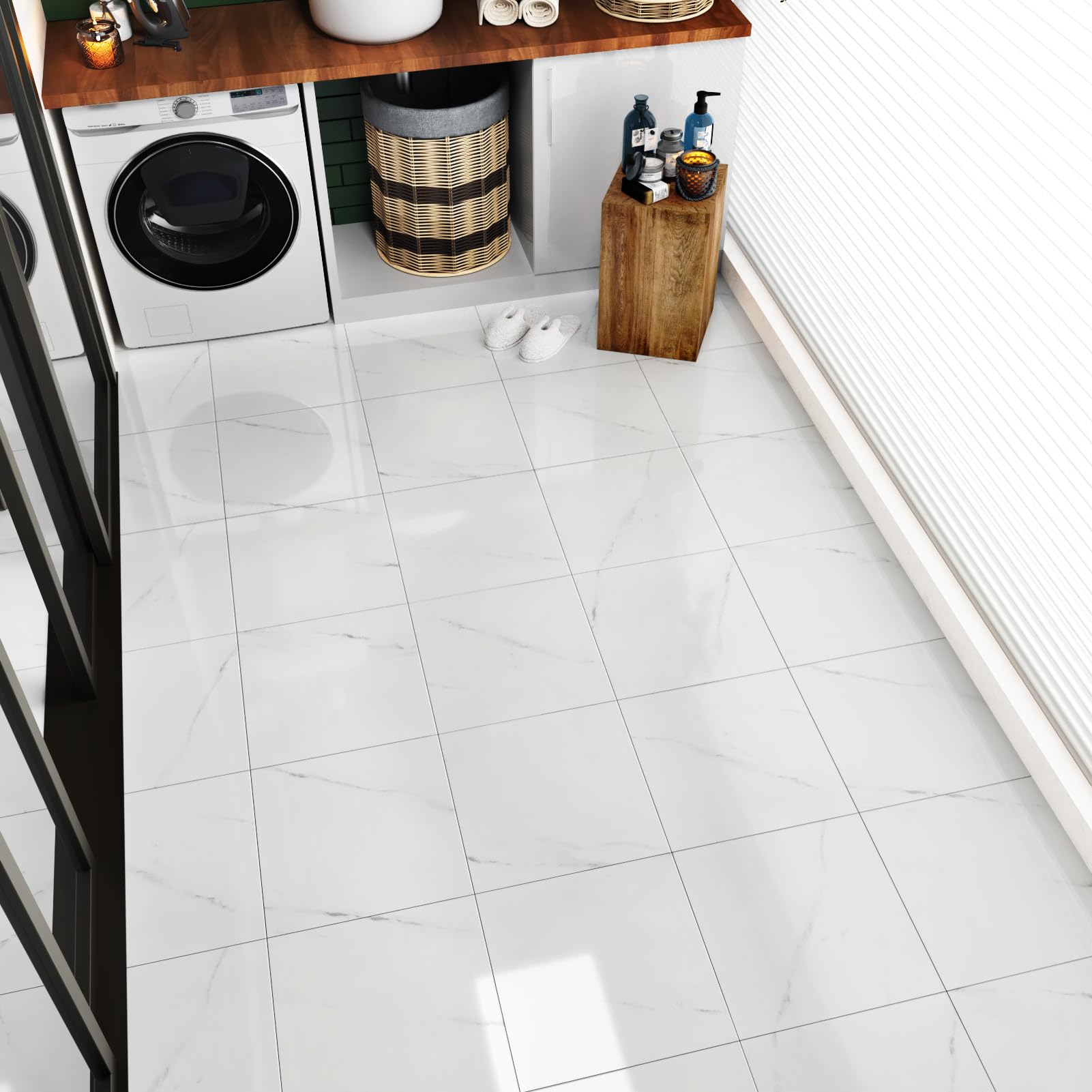 24 piezas de suelo de vinilo autoadhesivo blanco PVC para suelo de azulejos efecto azulejos brillantes para suelo vinilo adhesivo autoadhesivo azulejos baño suelo baldosas blancas para el