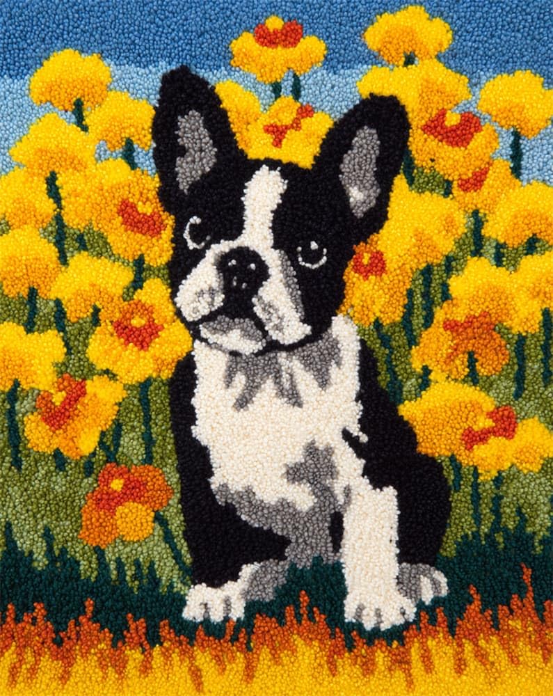 FWRTYCB Latch Hook Kits Rug Making Crafts with Pattern Printed,French Bulldog and Flowers 20X15Inch Large Latch Hook Rug Kit Tapestry Rug Making Kits DIY Crafts Unfinished Handmade Crochet Yarn for