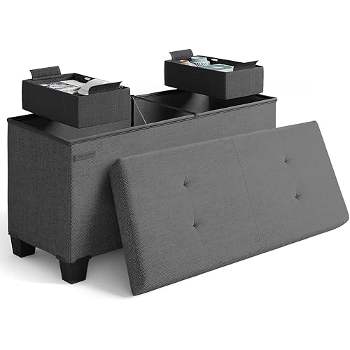 Storage Ottoman Bench with Bins, 30-in Storage Bench for Bedroom End of Bed, Folding Foot Rest Ottoman for Living Room Max 660lbs, Fabric Ottomans, Grey