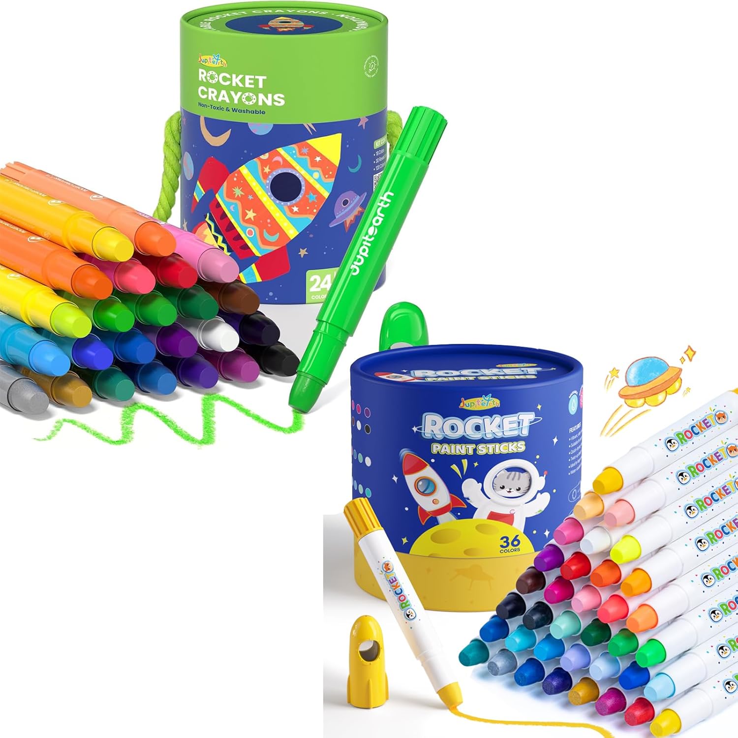JUPITEARTH 24 Colors Twist Crayons for Toddlers 1-3+ 36 Colors Washable Rocket Tempera Paint Sticks for Kids