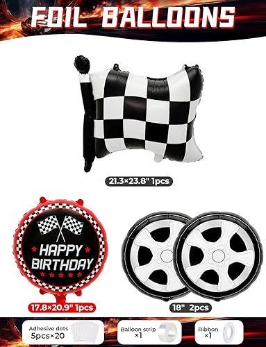Miniatura 3 de Kit de guirnalda de arco de globos de auto de carreras, 103 globos rojos, negros y plateados con banderas a cuadros y globos de ruedas