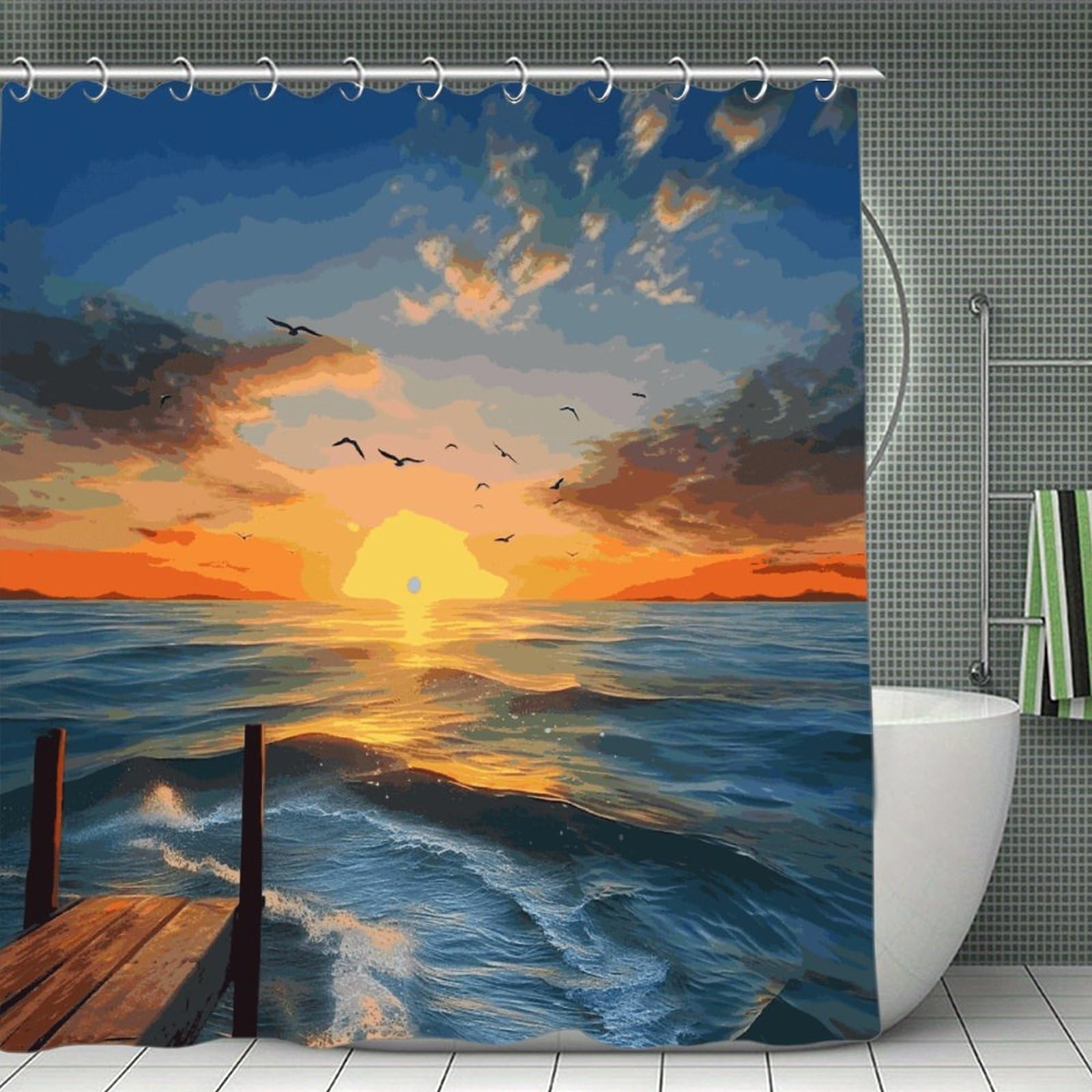FekiLoot Sunset Sea Shower Curtain Minimalist Thick Bathroom Curtain Washable Modern Bathroom Shower Curtain Heavy Duty Waterproof Cloth Bath Curtain with Hooks 70.8"x70.8"