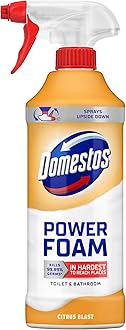 Domestos Power Foam Citrus Blast Toilet & Bathroom Cleaner Spray sprays upside down & eliminates 99.99% of germs* for cleaning inside the toilet & around the bathroom 450 ml