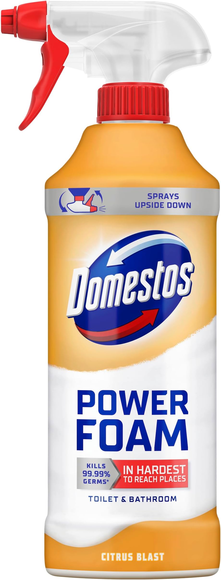 Power Foam Citrus Blast Toilet & Bathroom Cleaner Spray sprays upside down & eliminates 99.99% of germs* for cleaning inside the toilet & around the bathroom 450 ml