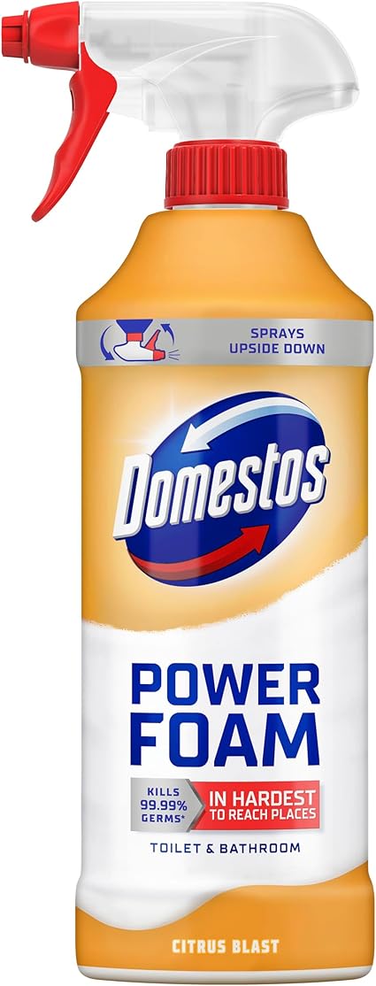 Domestos Power Foam Citrus Blast Toilet & Bathroom Cleaner Spray sprays upside down & eliminates 99.99% of germs* for cleaning inside the toilet & around the bathroom 450 ml