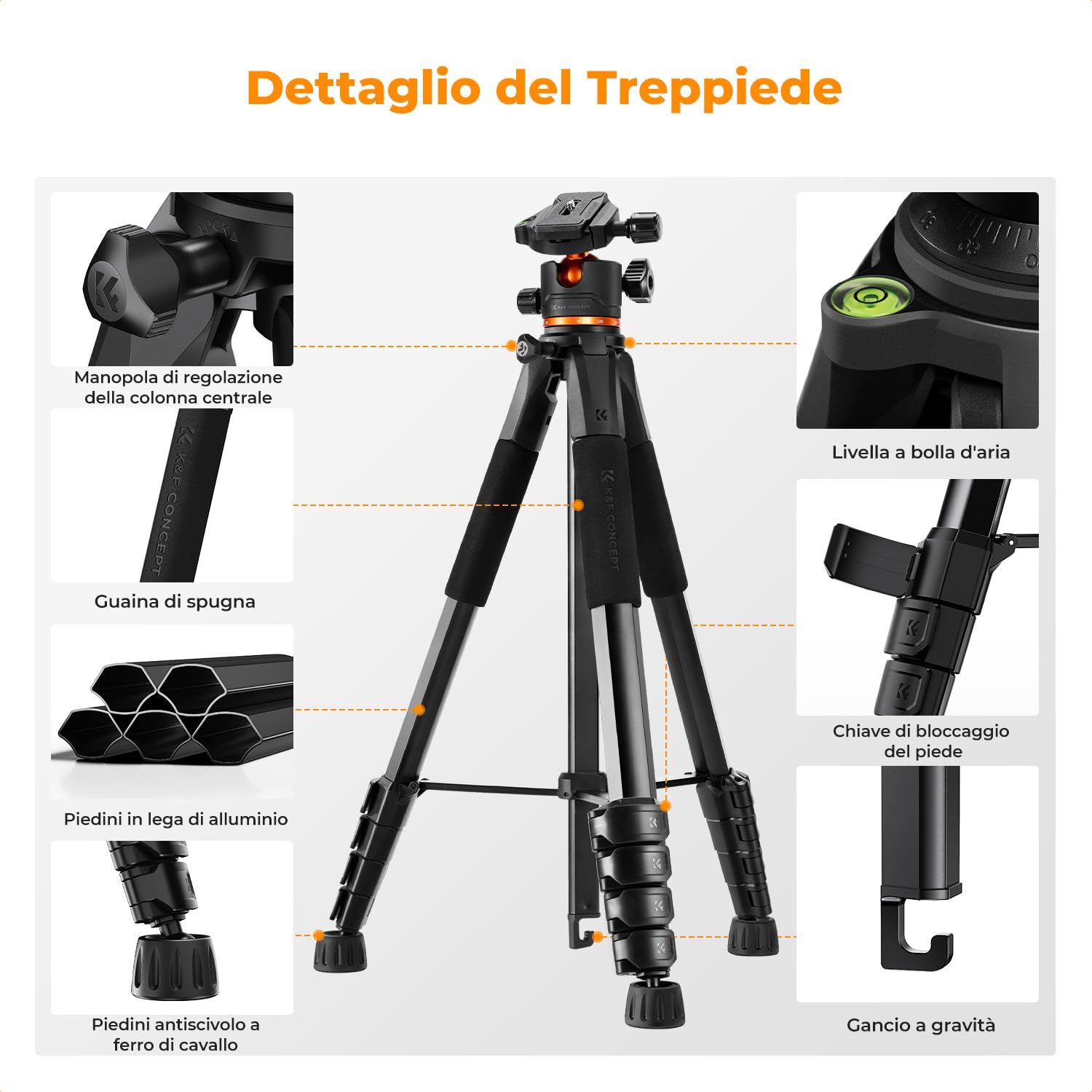 K&F CONCEPT Treppiede Fotocamera e Smartphone 190cm, Cavalletto Fotografico in Alluminio con Telecomando Bluetooth e Testa a Sfera, Treppiede Compatto per DSLR/Ipad/Live Streaming, S255A3