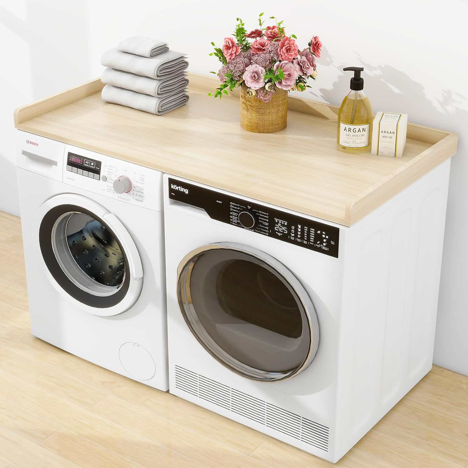 Washer Dryer Countertop, Laundry Counter top with Edge Rails Non-Slip Pads,27.6" Depth x 54" Width Wood Topper for Washer Dryer,Laundry Machine Cover for Storage and Organization Oak