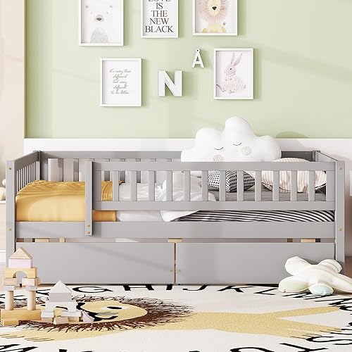 Miniatura 4 de Harper & Bright Designs Base de cama para niños de tamaño matrimonial con 2 cajones, sofá cama matrimonial de madera con valla, marco de cama de