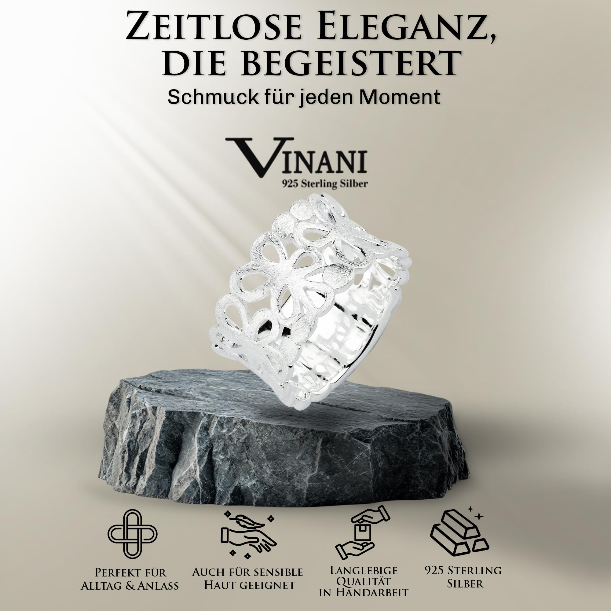 Vinani Diseño anillo de flores de plata de ley 925 cepillada, diseño de flores 2RFL