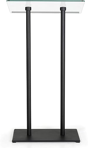 M&T Displays Soporte para podio de conferencia de vidrio transparente templado, cuerpo y base de aluminio negro, 43.9 pulgadas de altura, atril de