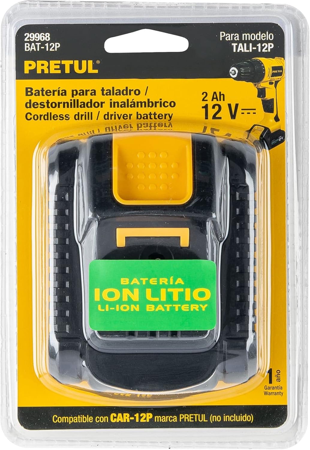 Close-up image of the Pretul BAT-12P 12V Lithium-Ion battery, showing its black and yellow casing and the battery release button.