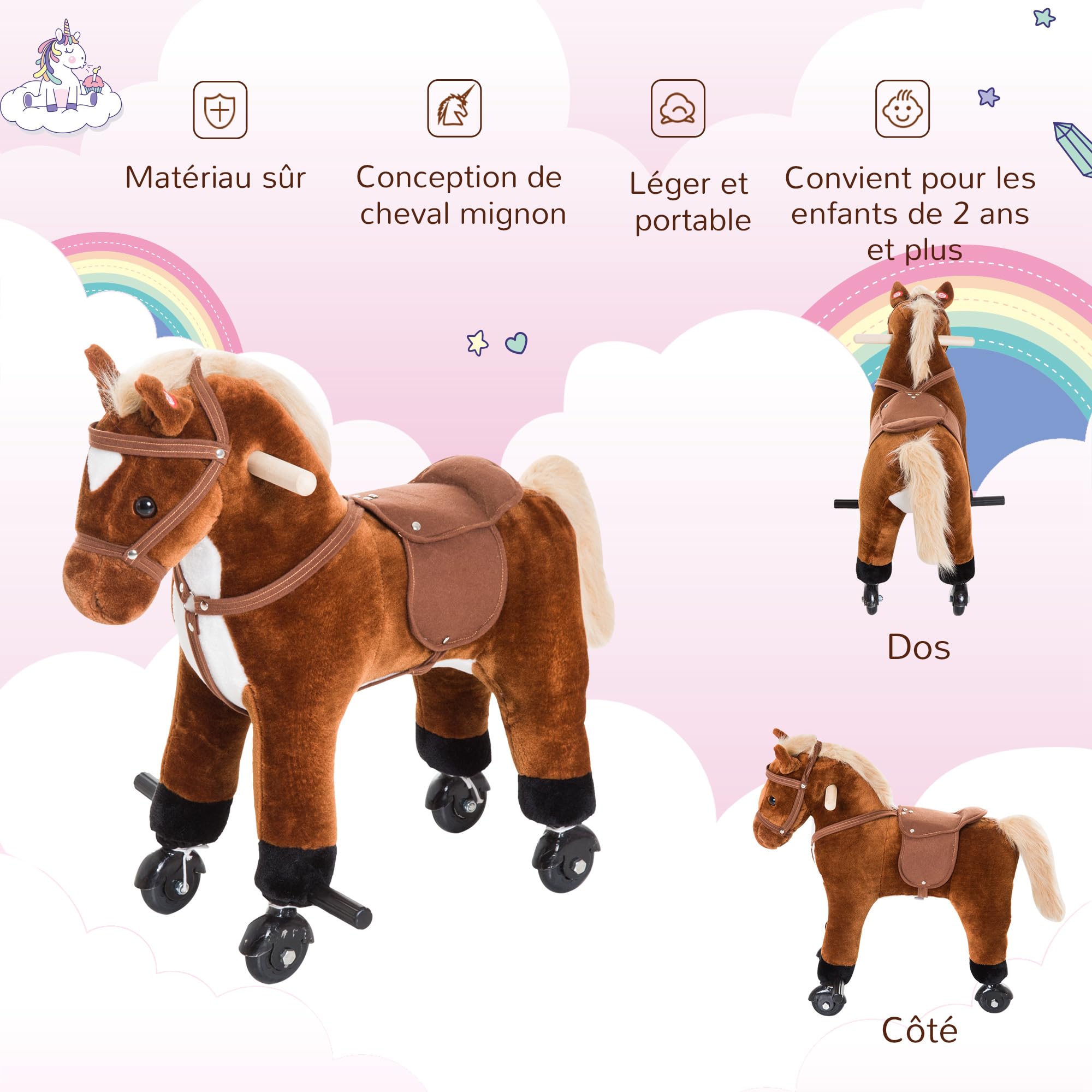HOMCOM Cheval à Roues Pour Enfant – 3 Ans Et + – Sons Réalistes – Pédales – Structure Acier – Charge 60 Kg – Rose