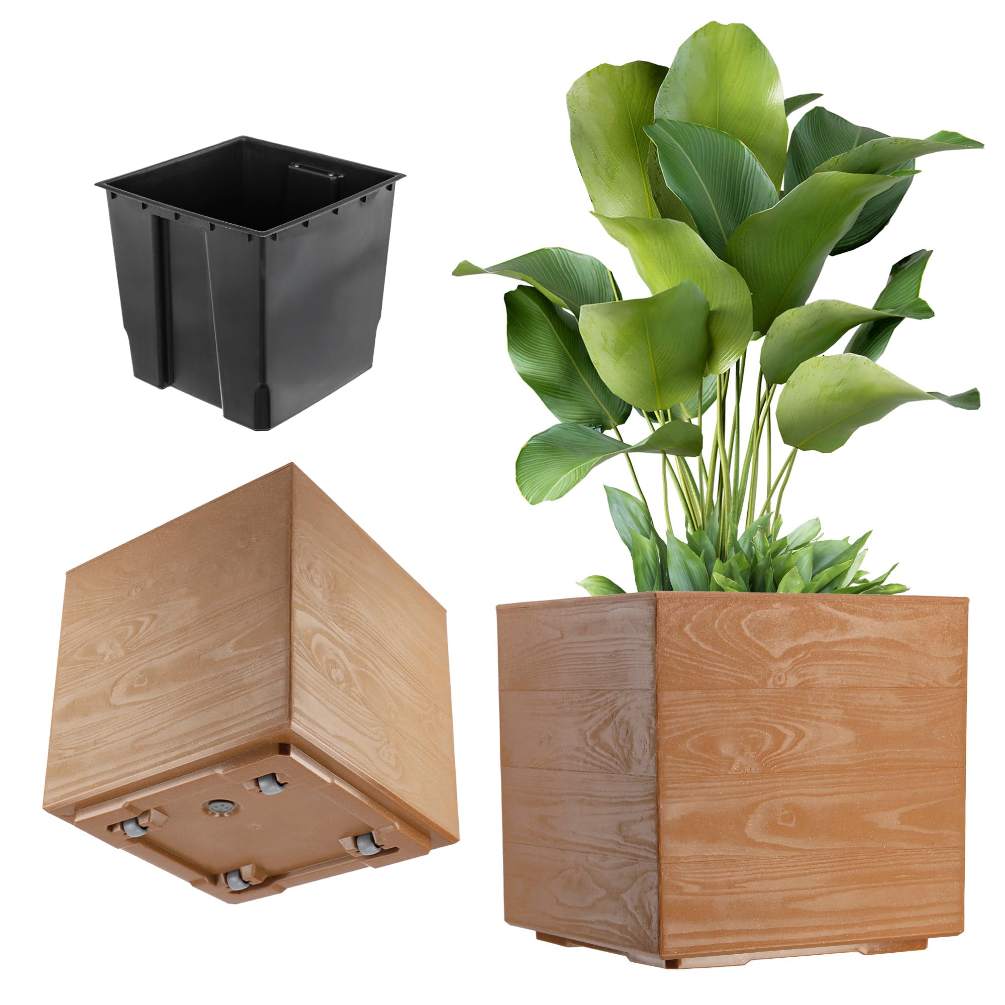 KADAX Maceta con ruedas, 39 x 40 cm, gran maceta de plástico con aspecto de madera, maceta cuadrada con inserto para interiores y exteriores (marrón)