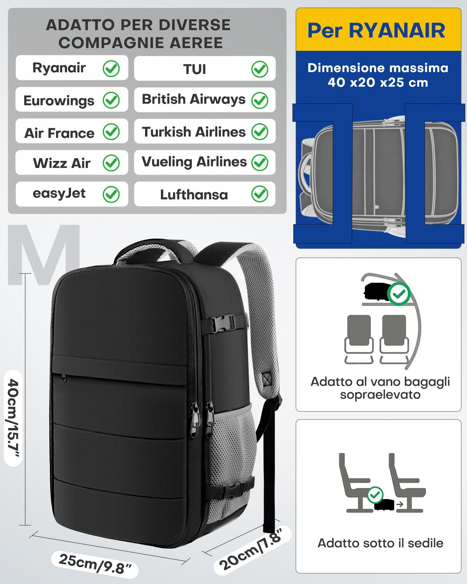 HOTOR Zaino Ryanair 40x20x25 - Zaino da Viaggio Porta PC di Grande Capacità, Multi-Tasca, Bagaglio a Mano Compatibile Ryanair per Uomo e Donna, per Pendolarismo, Viaggi in Aereo e Trekking, Nero